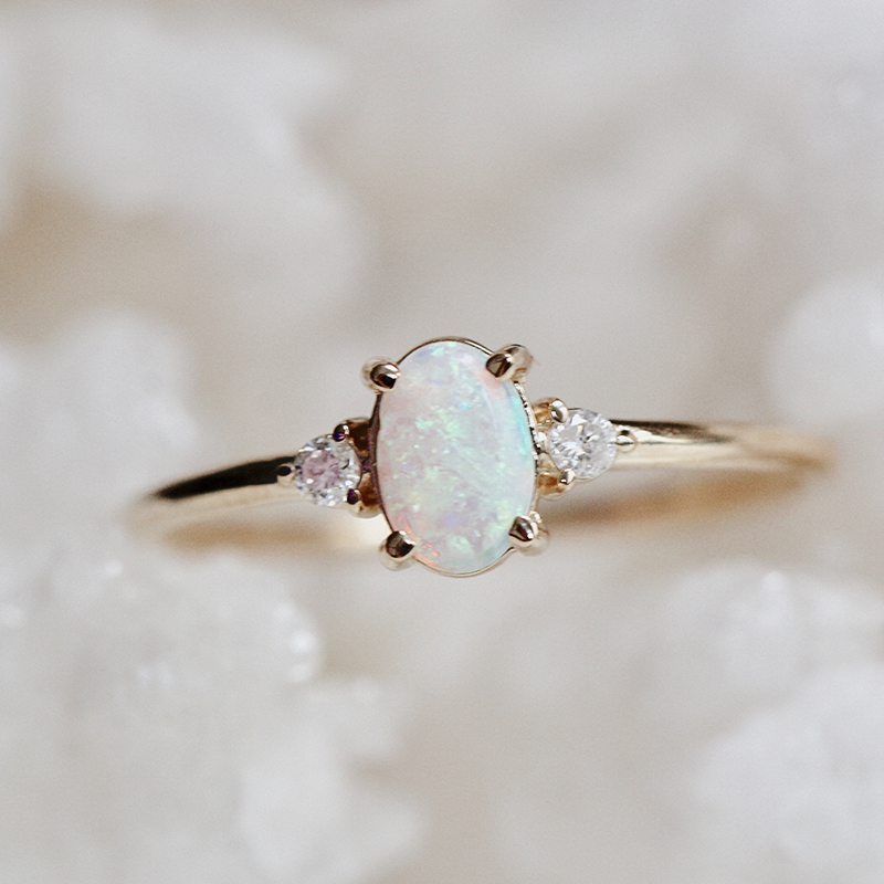 14K Three Stone Opal Diamond Ring